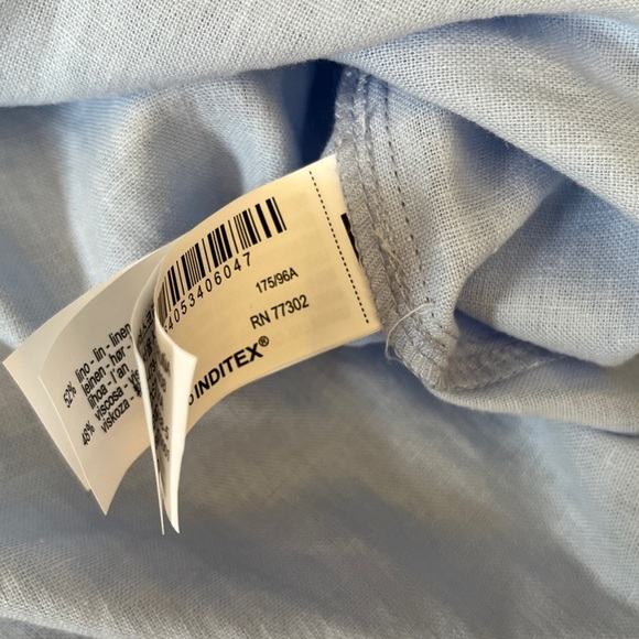 NWT ZARA Linen Tie Waist Button Blouse Blue Size L Oversized Fit - Picture 12 of 14
